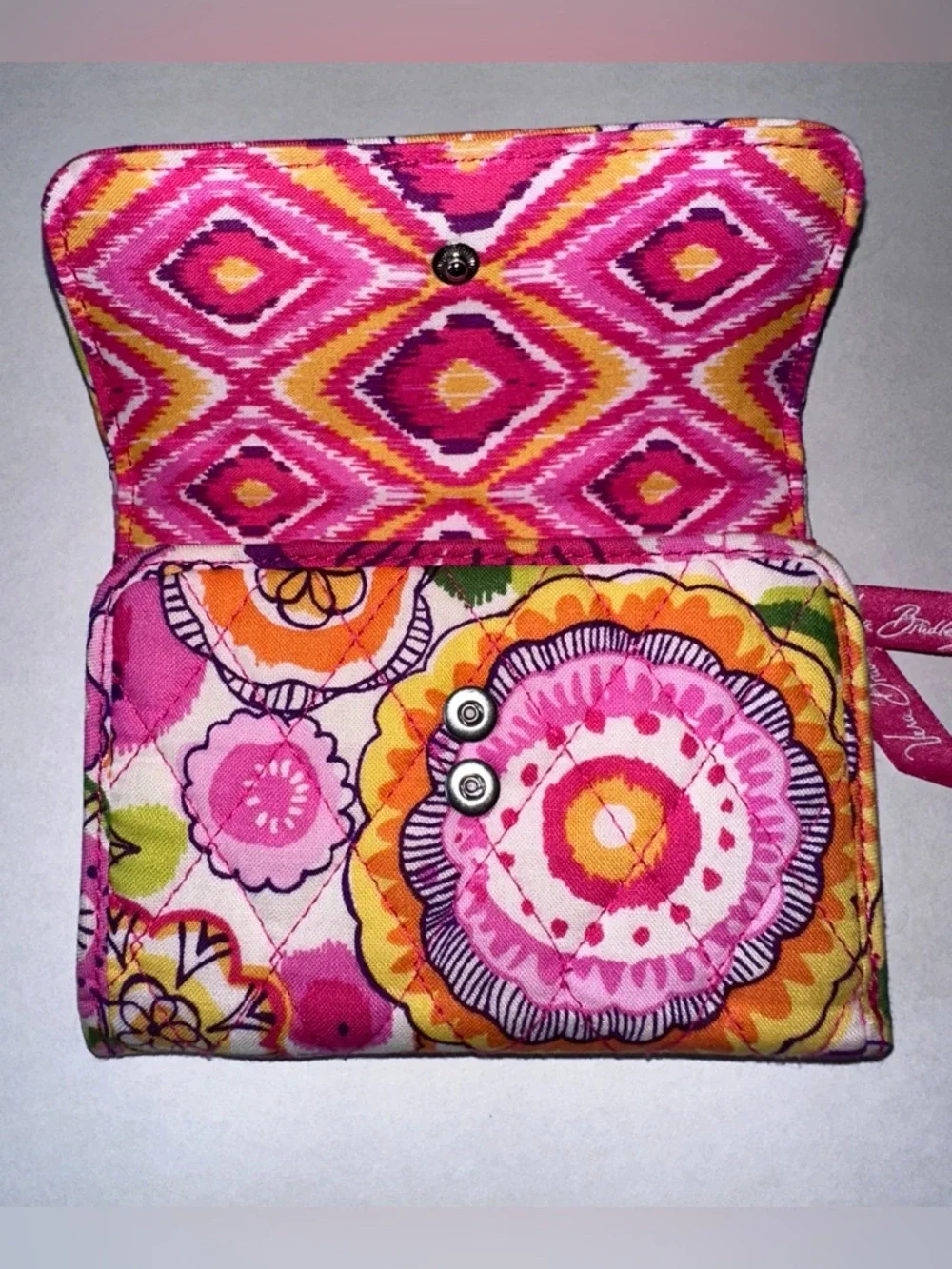EUC Vera Bradley Clementine Floral Quilted Trifold Wallet - Pink & Orange Multi - Picture 2 of 9